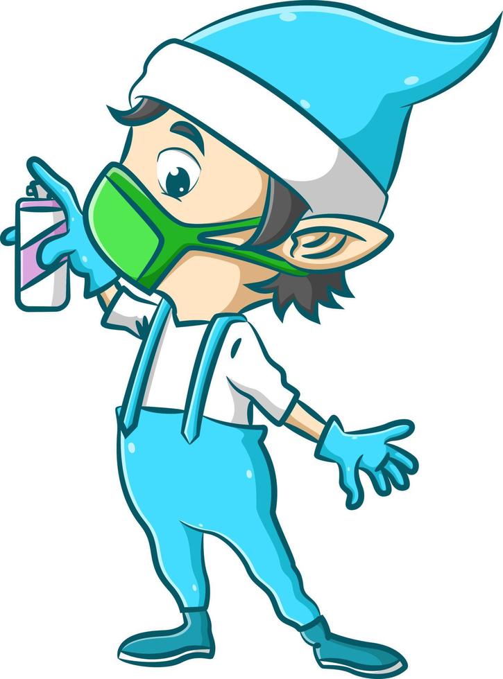 The little elf is using the green mask and holding the disinfectant spray to protect his body vector