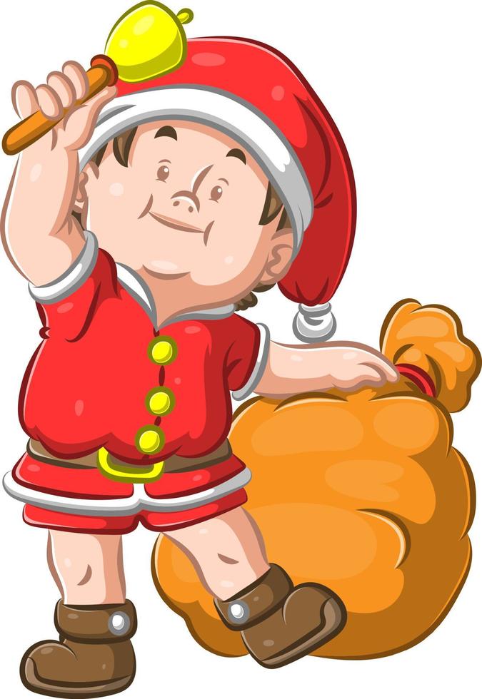 The man using the Christmas costume holding a bell and a sack of gift vector