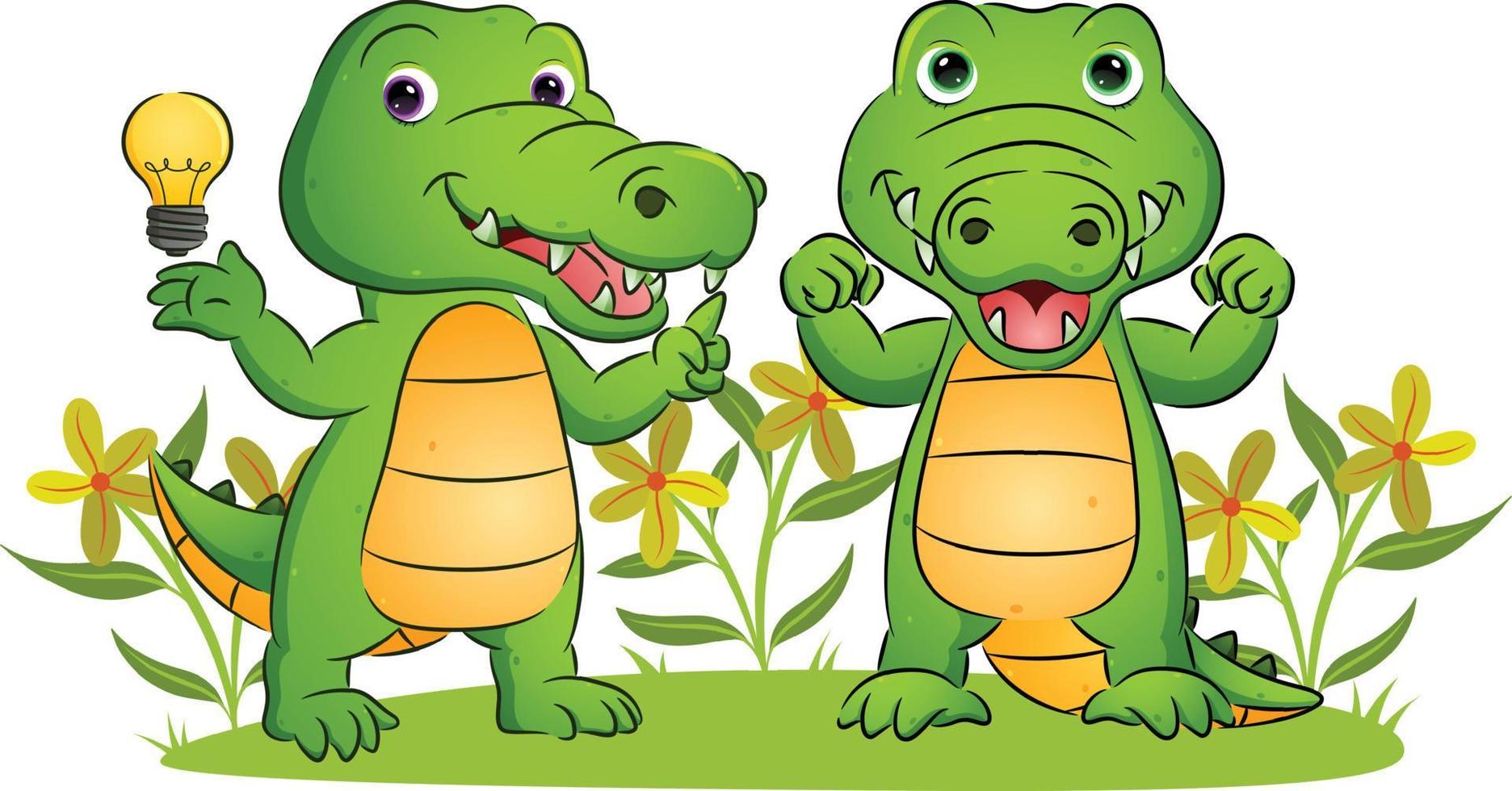The couple of the crocodile is having a brilliant idea in the garden vector