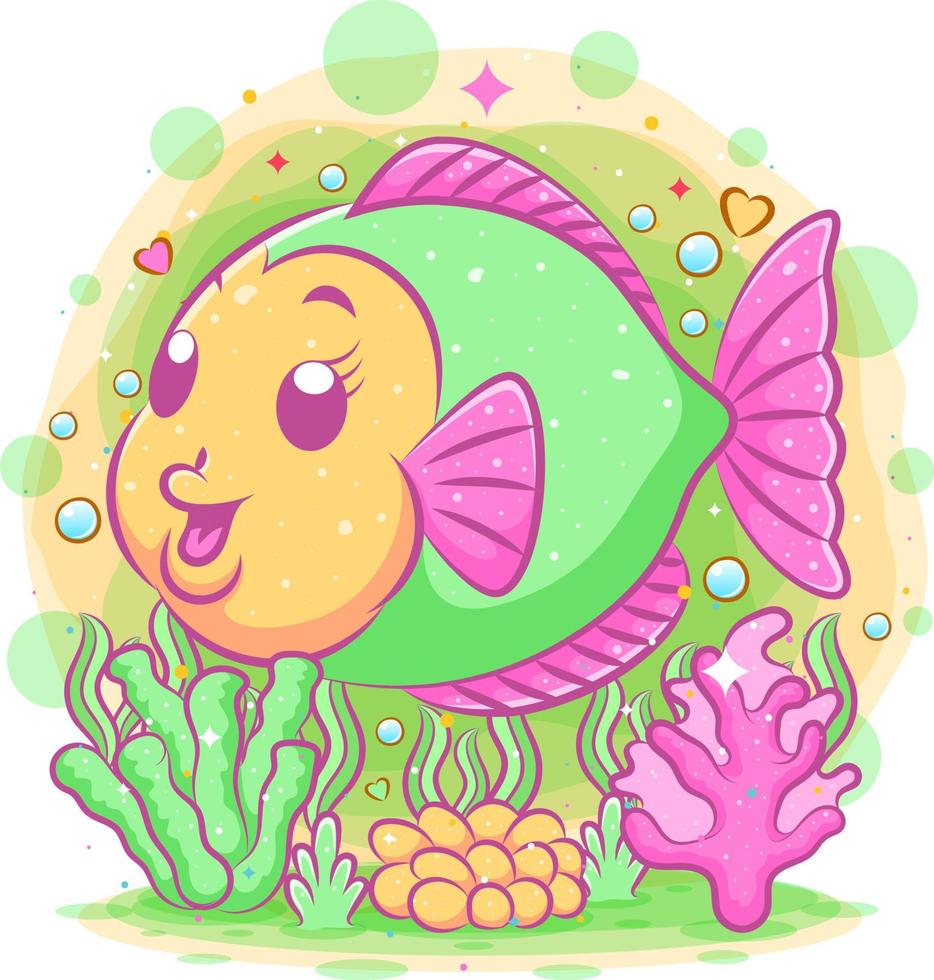The colorful discus fish swims with the big smile vector