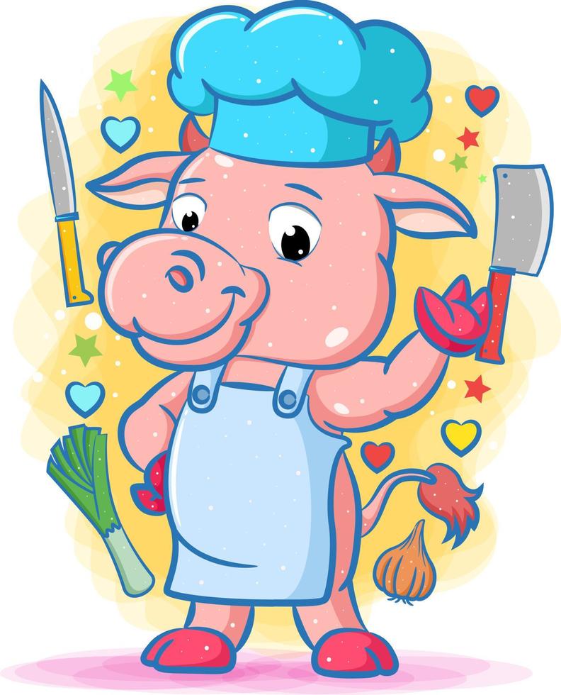 The chef cow with the kitchen tools and vegetables vector