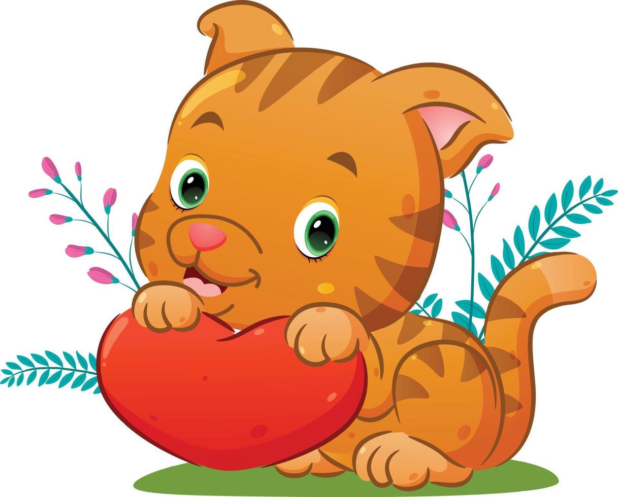 The little cat is holding the little love doll on her hand on the flowers park vector