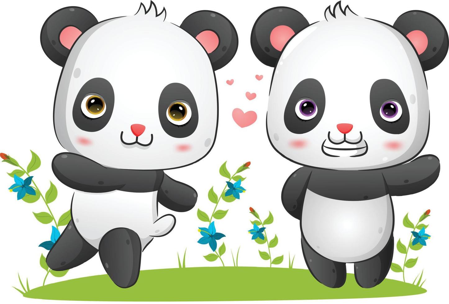 la pareja de pandas está corriendo y jugando juntos en el parque vector