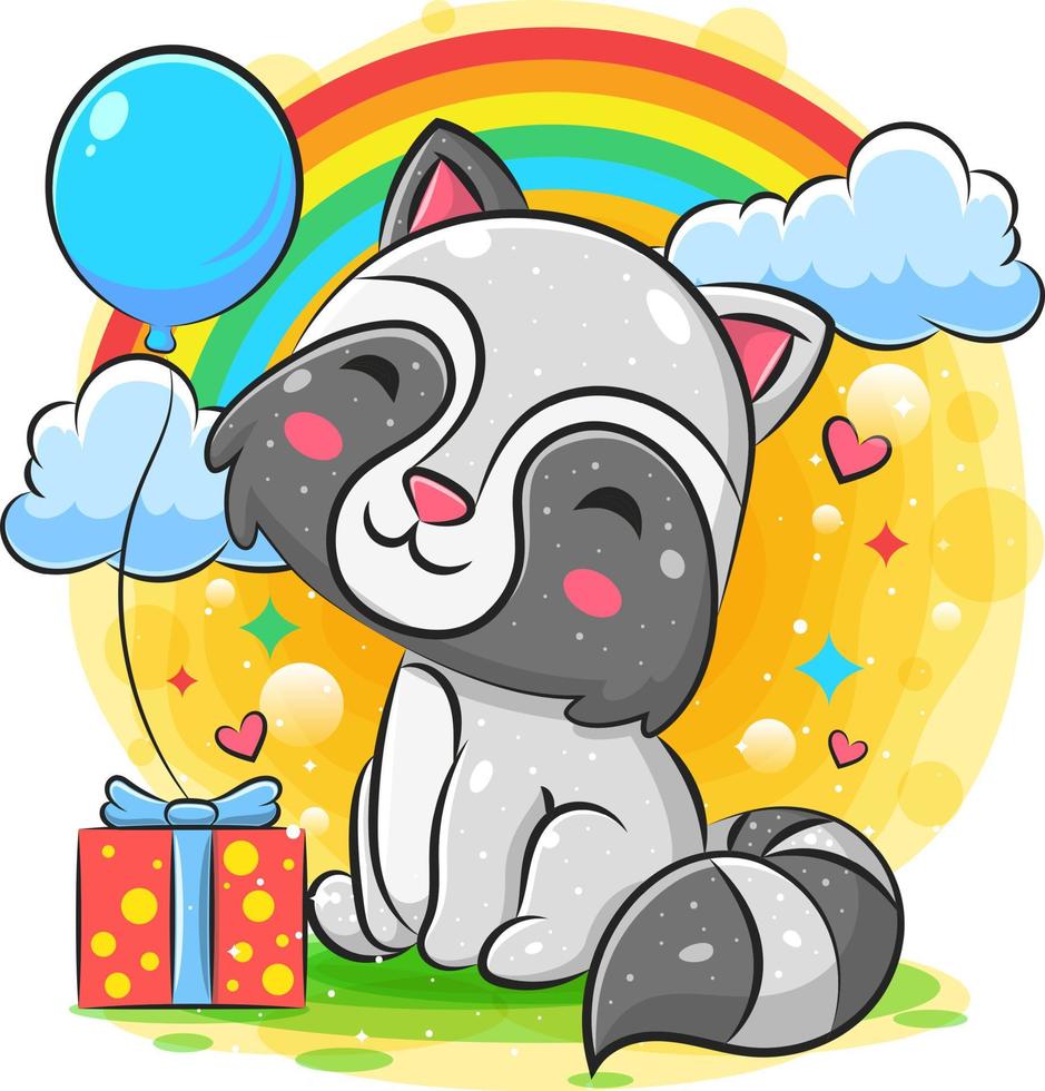 Raccoon celebration happy birthday with gift and balloon background vector