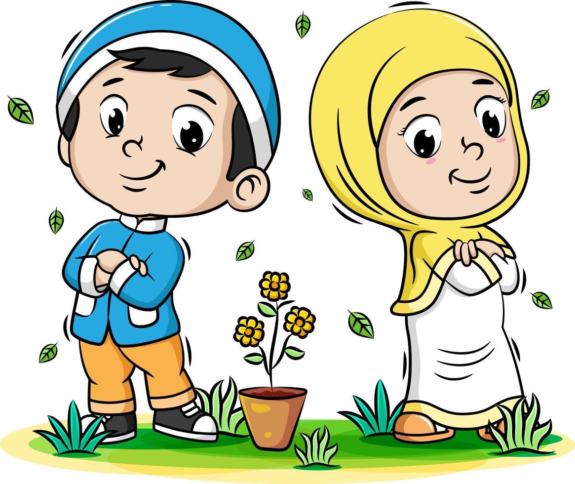 dos niños musulmanes con buenas poses vector