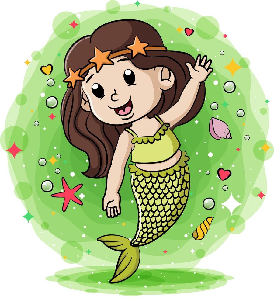 Little green mermaid with the sea animals around vector