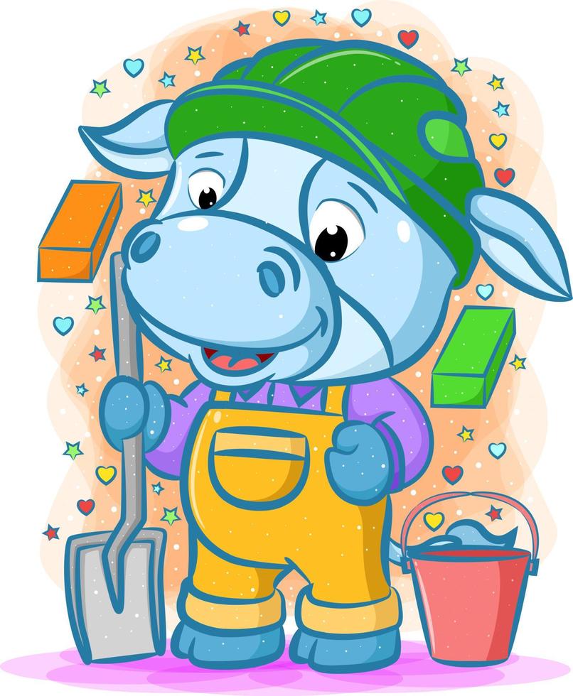 The builder cow using the green helmet holding shovel vector