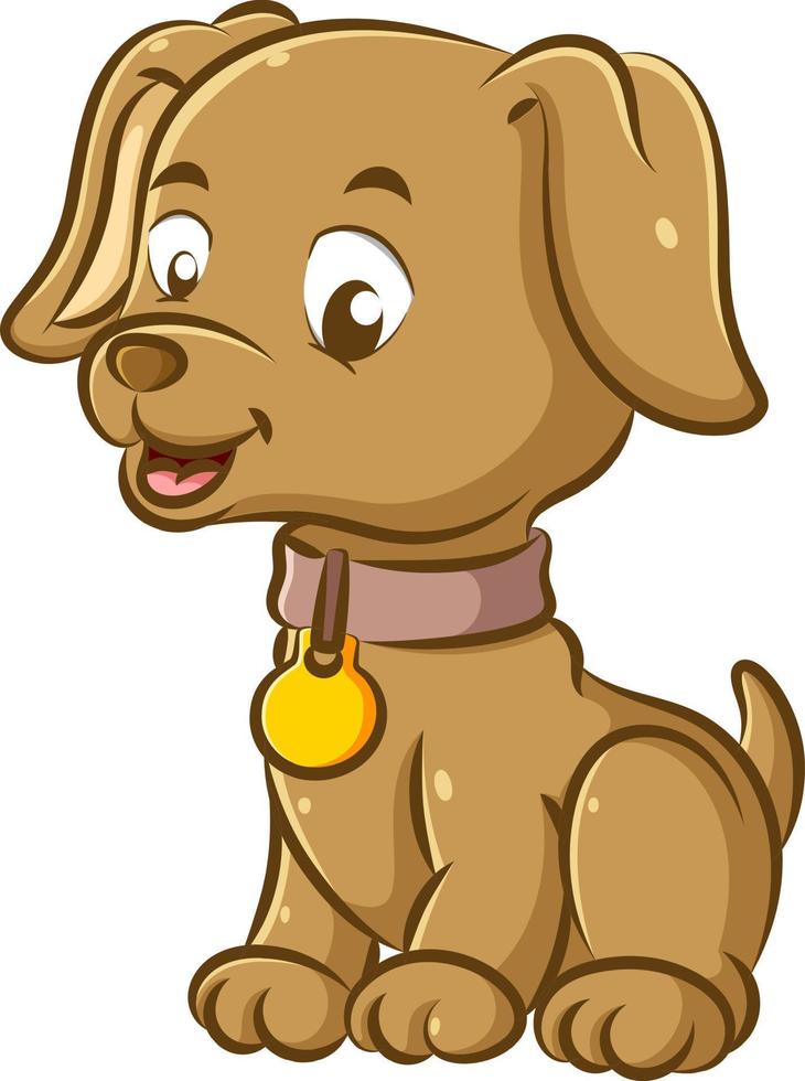 The little dog using the brown necklace and golden pendant is sitting with the happy face vector