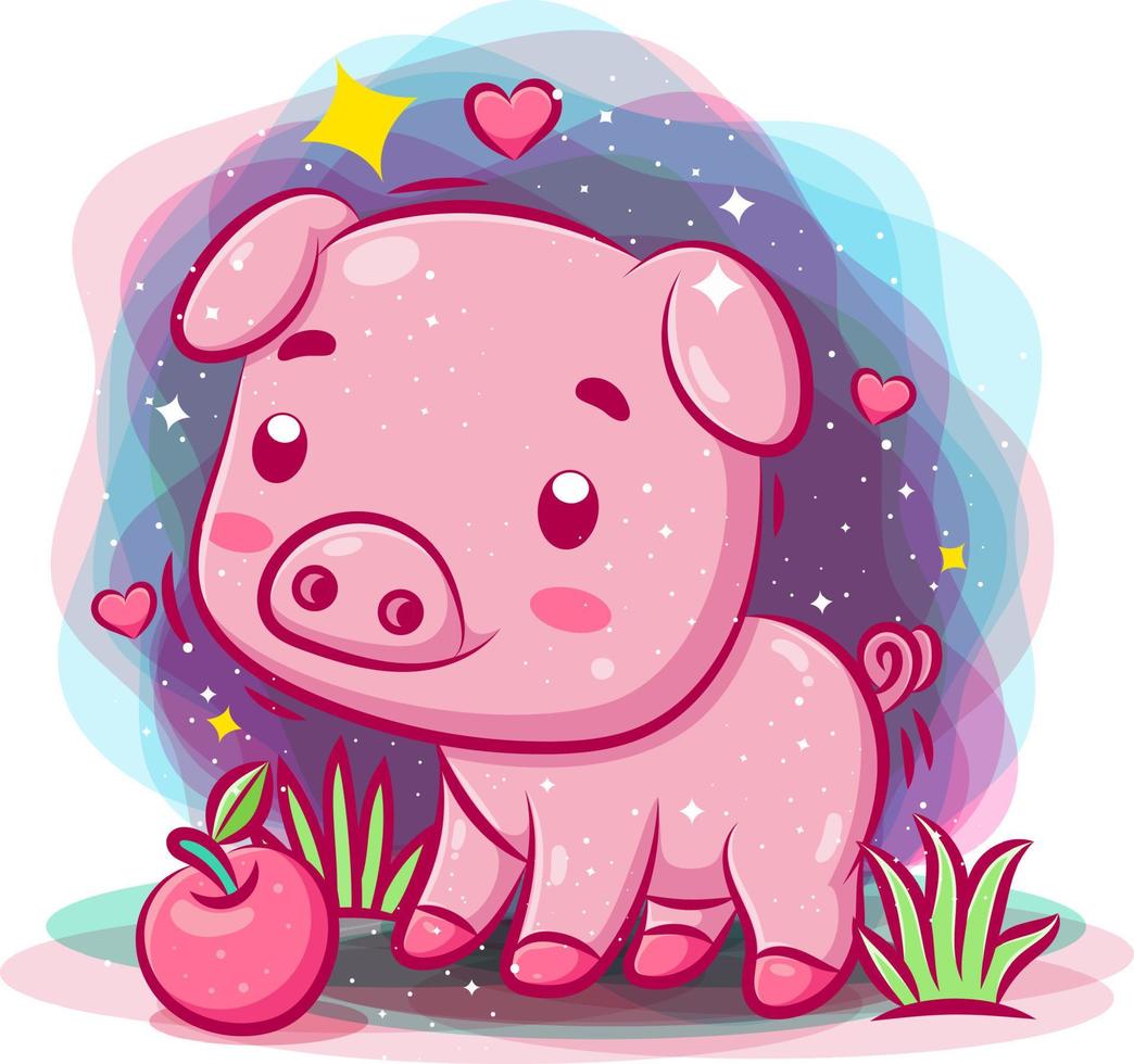 Baby pig play around the garden with apple vector