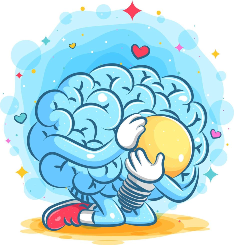 Cute blue brain hold the big yellow lamp vector