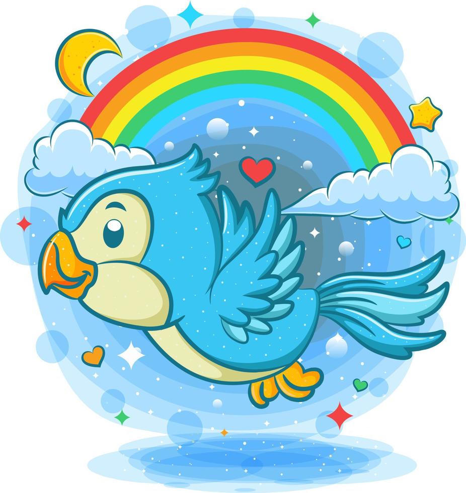 lindo pájaro azul volando con fondo de arco iris vector