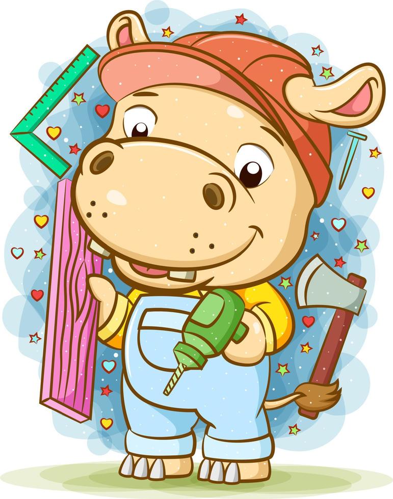 El hipopótamo sosteniendo madera con taladro. vector