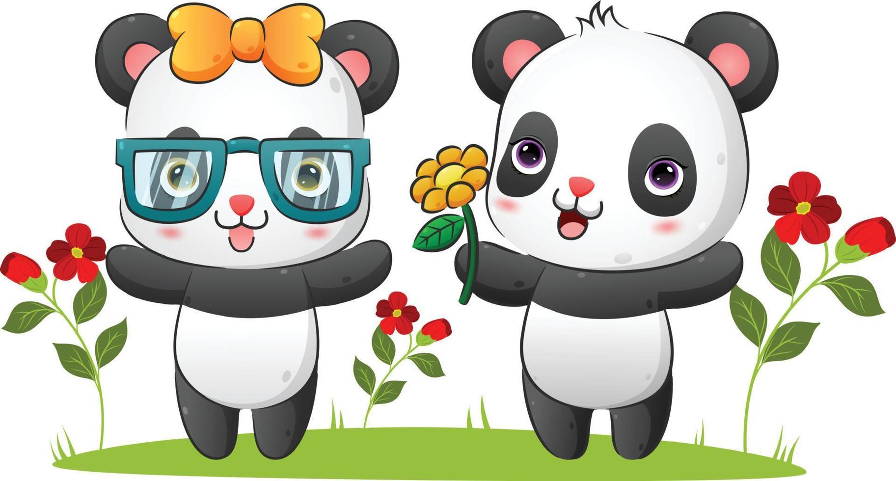 la pareja de panda feliz está regalando girasoles al amigo en el jardín vector