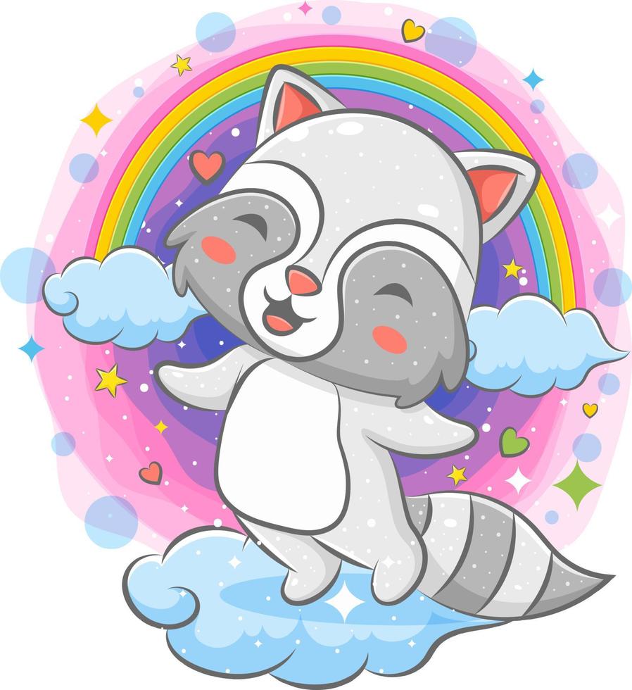 Mapache feliz jugando en la nube con fondo de arco iris vector