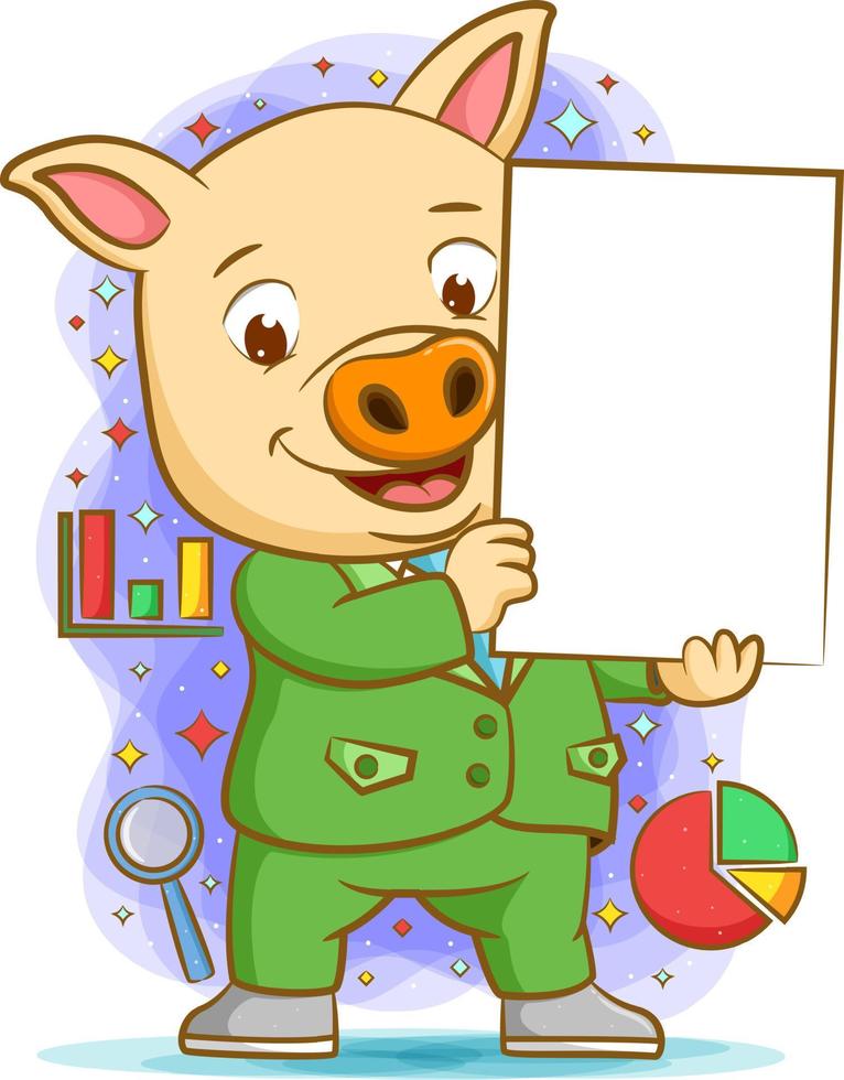 The pig using the green suite holding the blank board for presentation vector