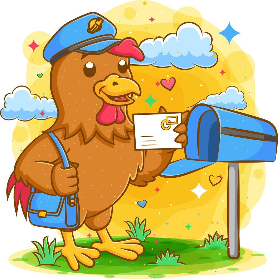 Rooster postman holding mail and bag vector