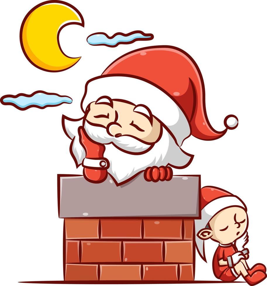 la santa claus y el pequeño duende duerme bajo la luna brillante en la chimenea con el buen diseño vector