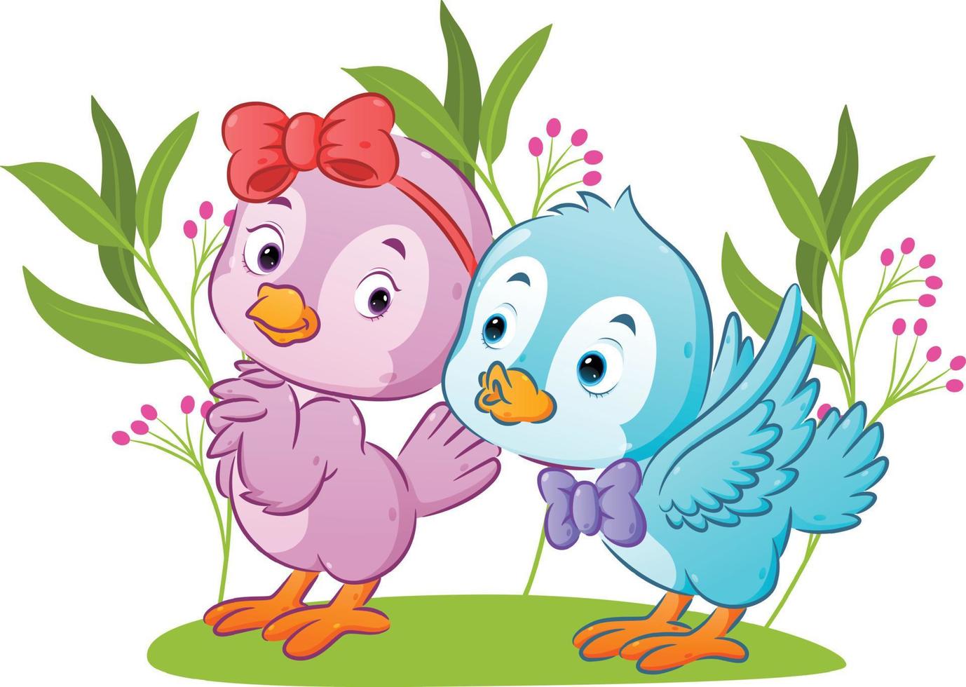 The couple bird using a ribbon and tie are dating in the park with flowers ornament vector