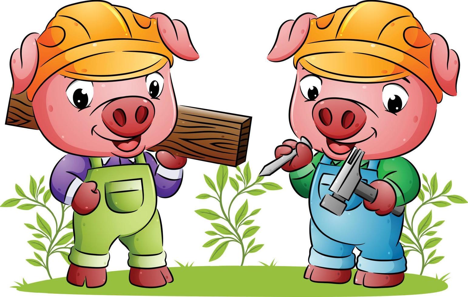The builder pigs are holding the wooden board and the hammer vector