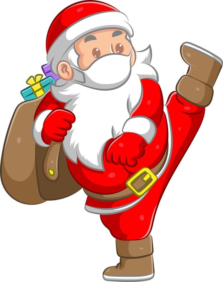 The Santa clause is doing the high kick and bringing the sack of bag full of the gift on it vector