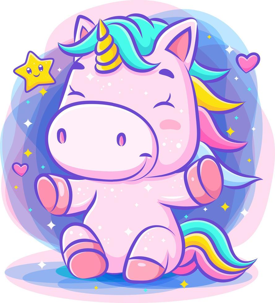 encantador lindo unicornio se sienta y sonríe vector