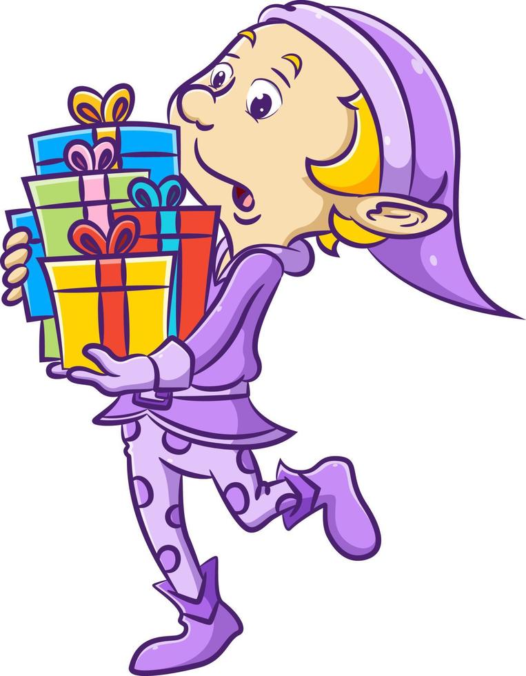 The elf boy bring the purple costume and holding a lot of the gift with the colorful ribbon vector