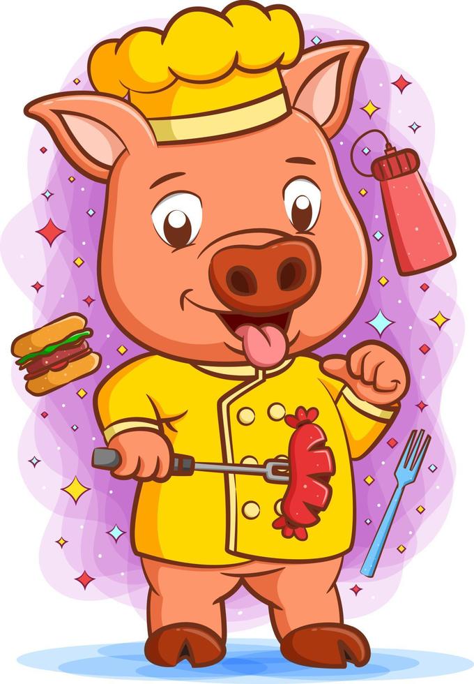 The master chef pig with happy face holding sausage vector