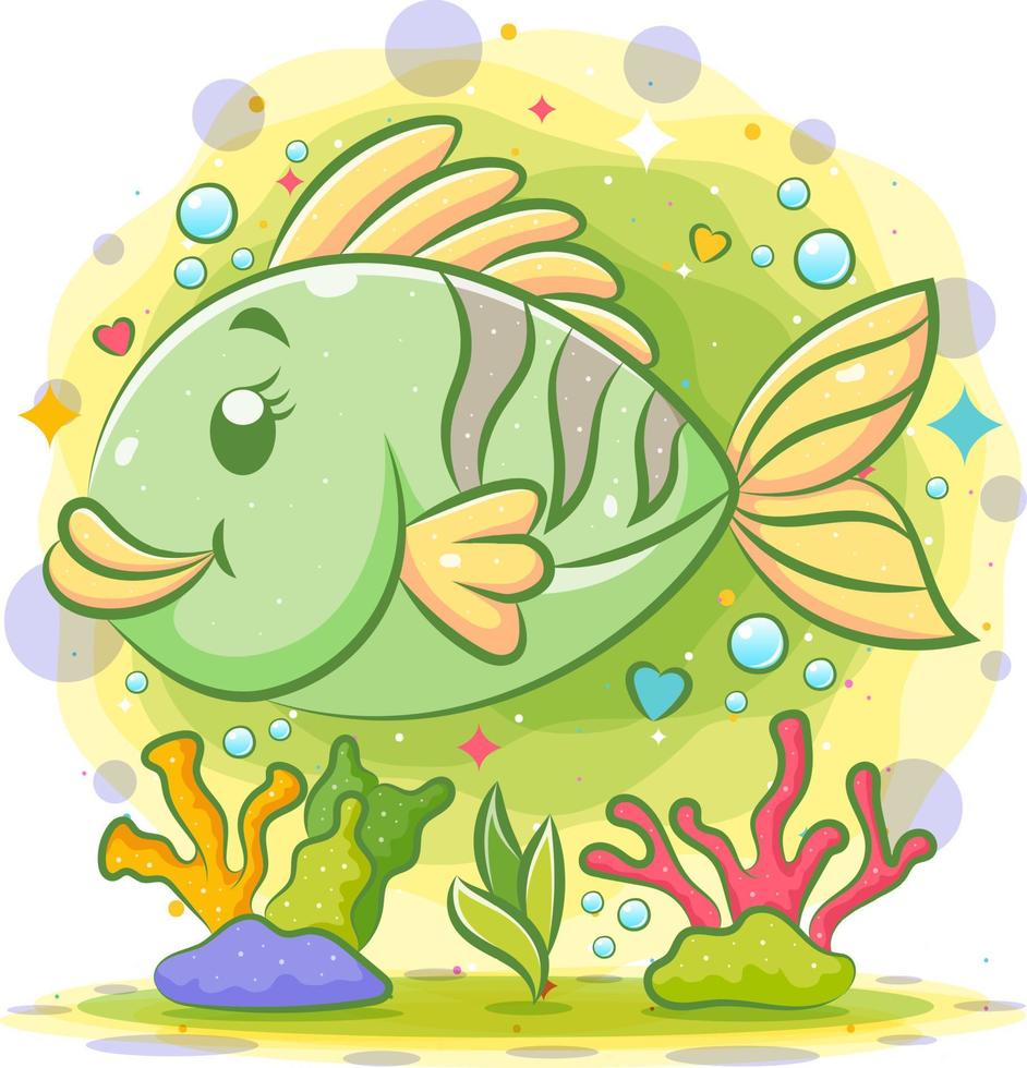 Little green clown fish swim under the beautiful sea vector