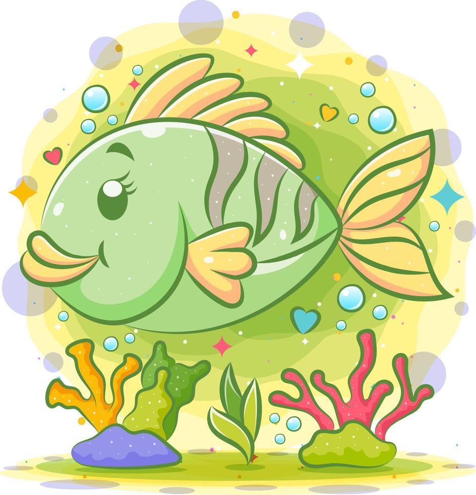 Little green clown fish swim under the beautiful sea vector