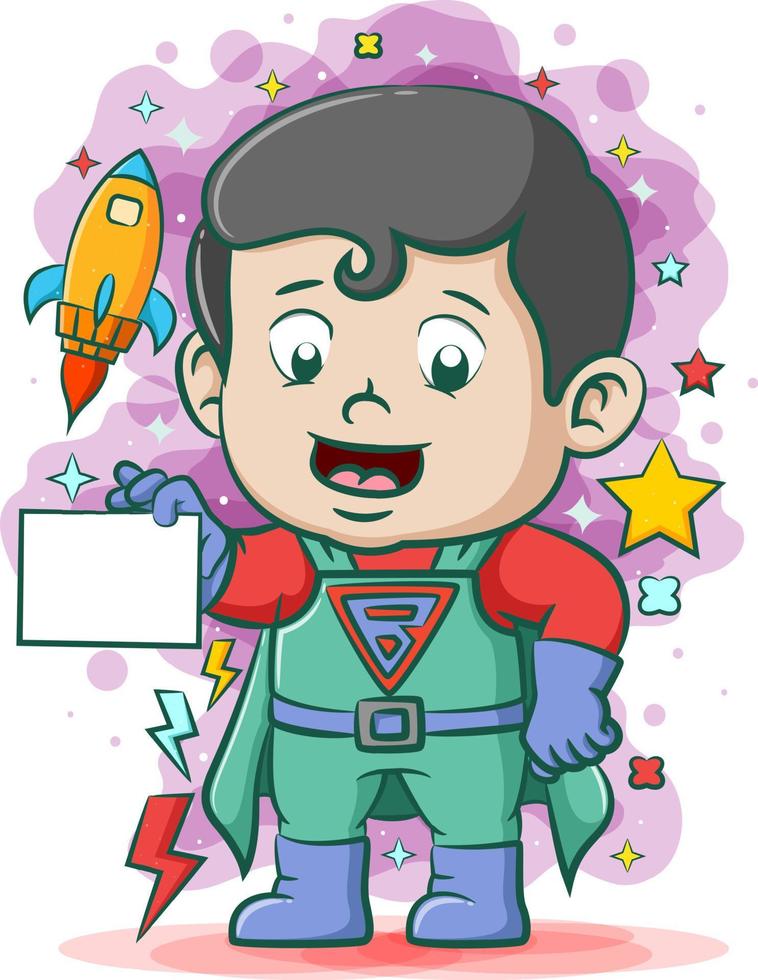The super daddy using the costume and holding the blank paper vector