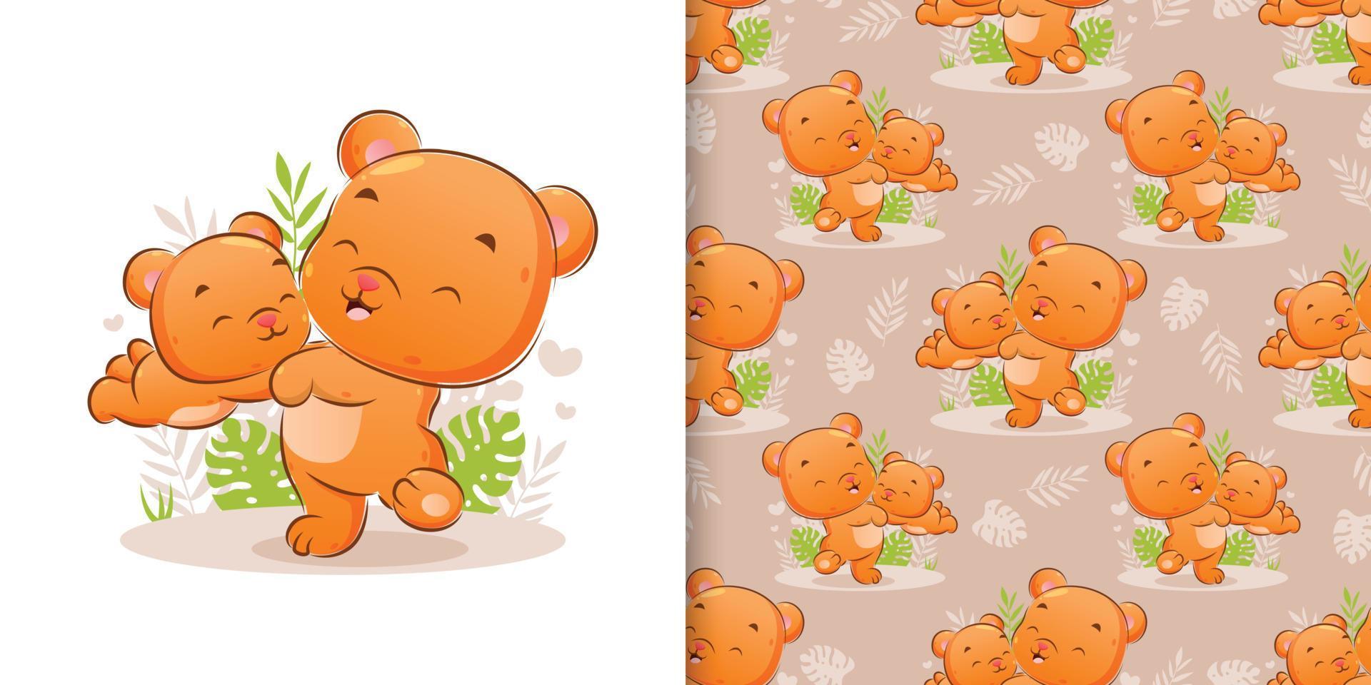 The hand drawn of happy bear is playing with the little bear in the garden vector