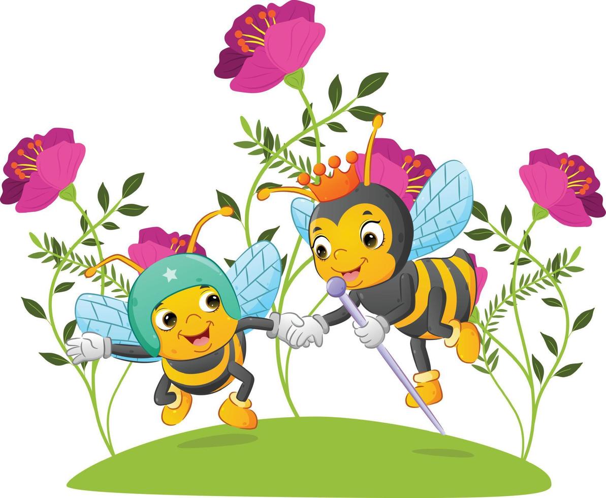 la reina de las abejas con la corona está ayudando y sosteniendo sus manos de soldado vector