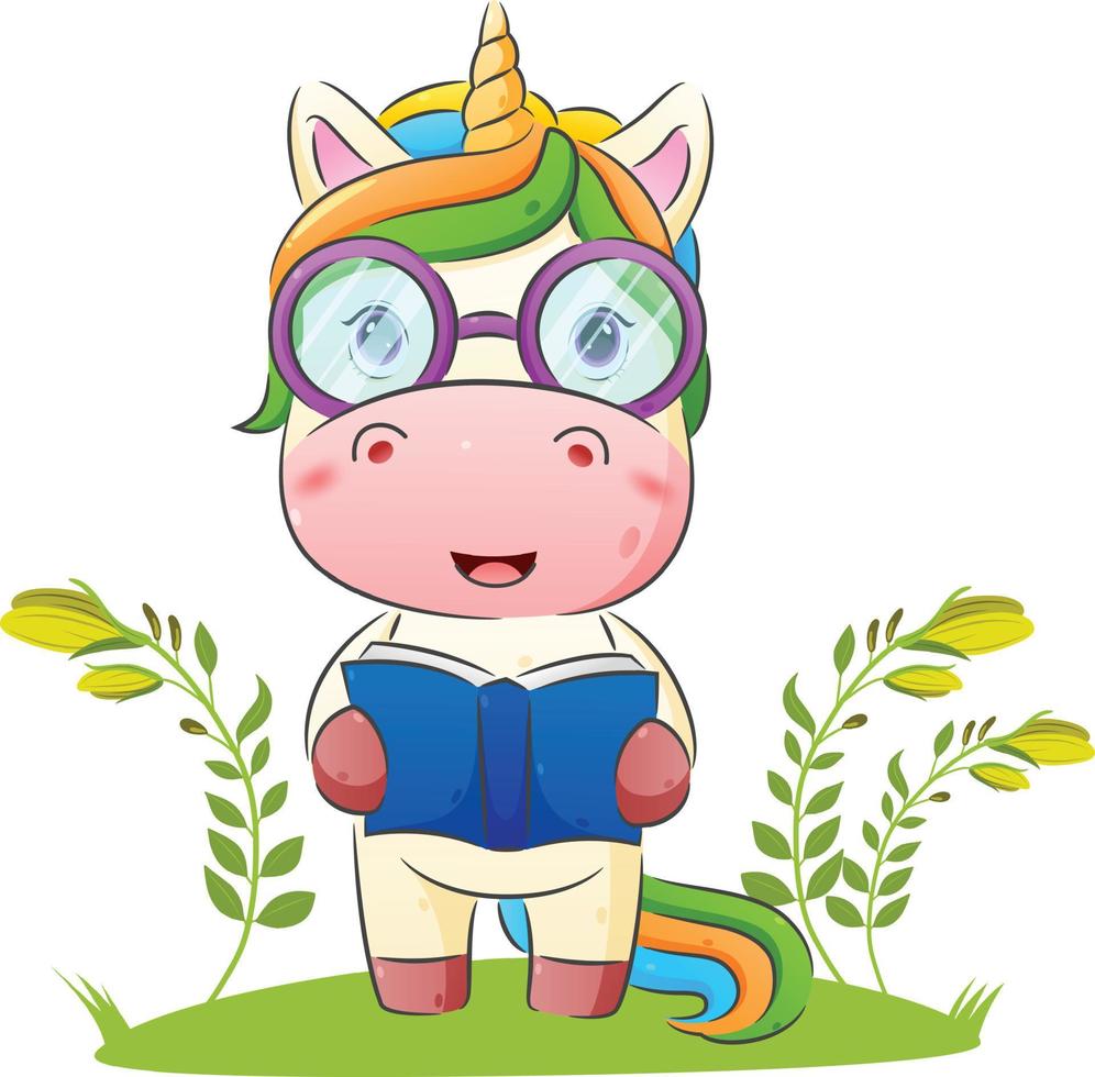 el unicornio inteligente usa lentes y sostiene un libro vector