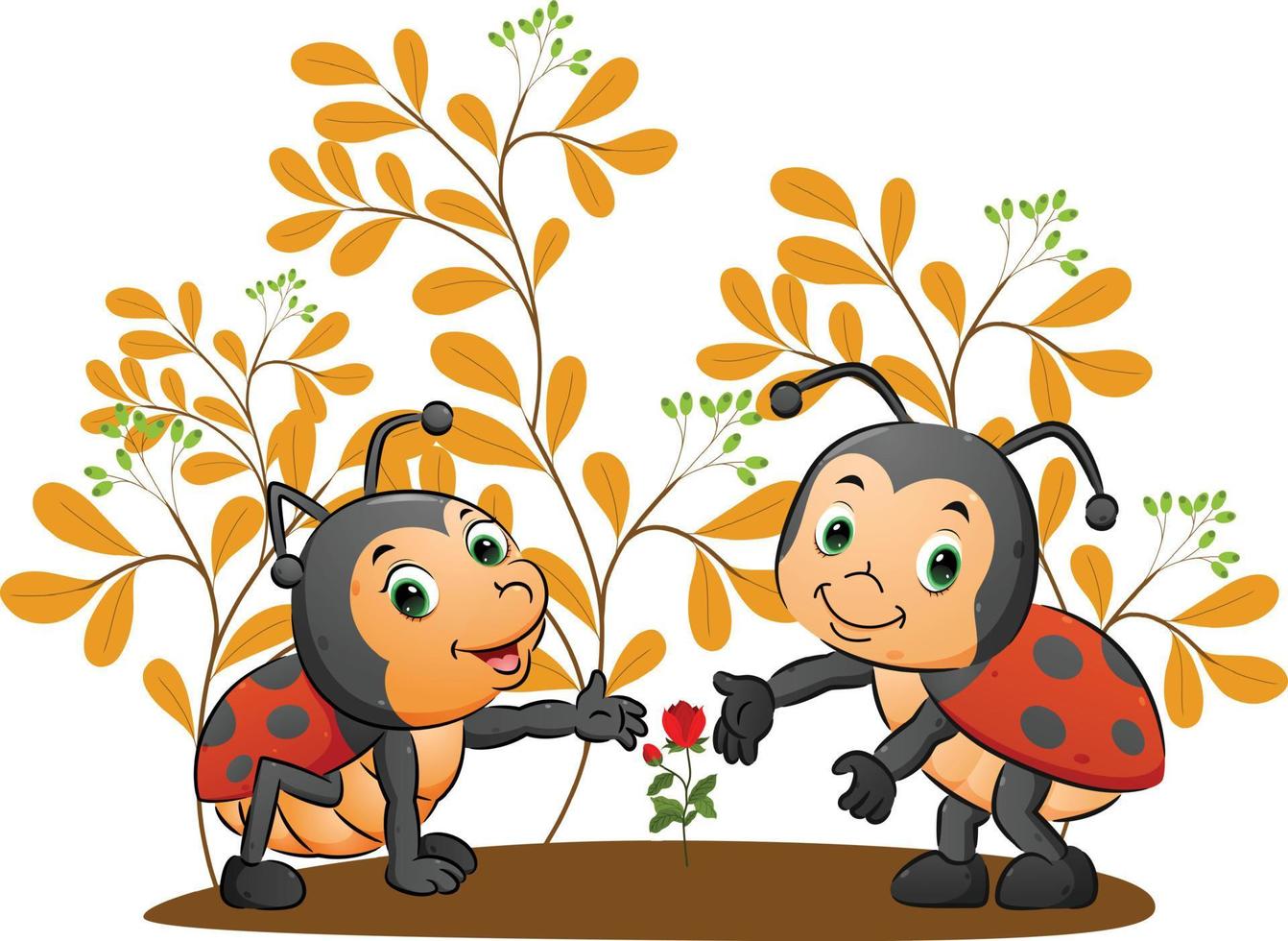 The sibling of the ladybugs is growing up the beautiful rose in the garden vector