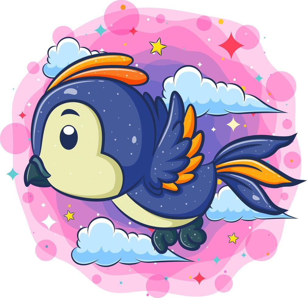 pájaro azul volando con fondo de nubes vector