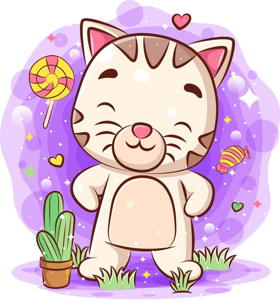 Gato feliz de pie en el jardín y flor de cactus en maceta vector