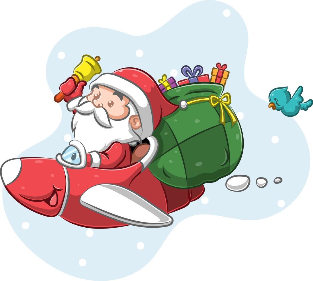 The Santa Claus using the red plane to giving the gift in the Christmas night vector