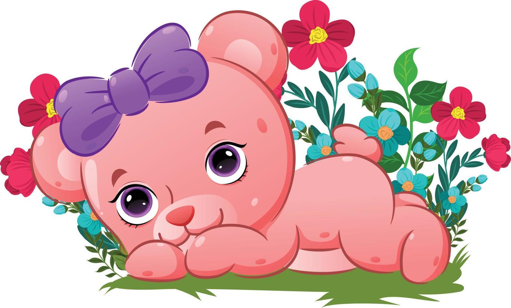 The cute bear lie down her body on the grass in the garden full of flowers vector
