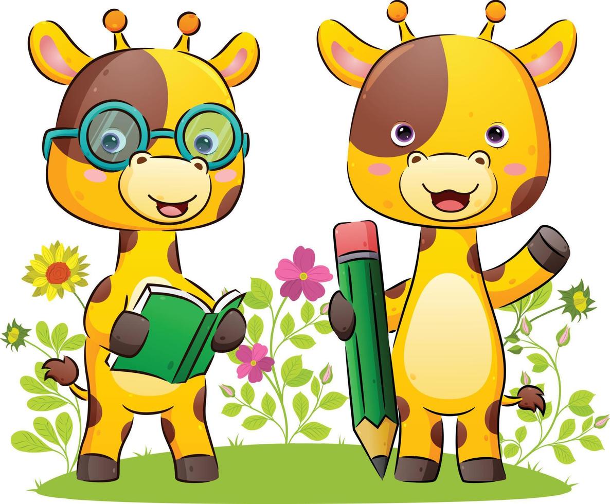 The happy couple of giraffe is holding a book and a big pencil for write in the park vector