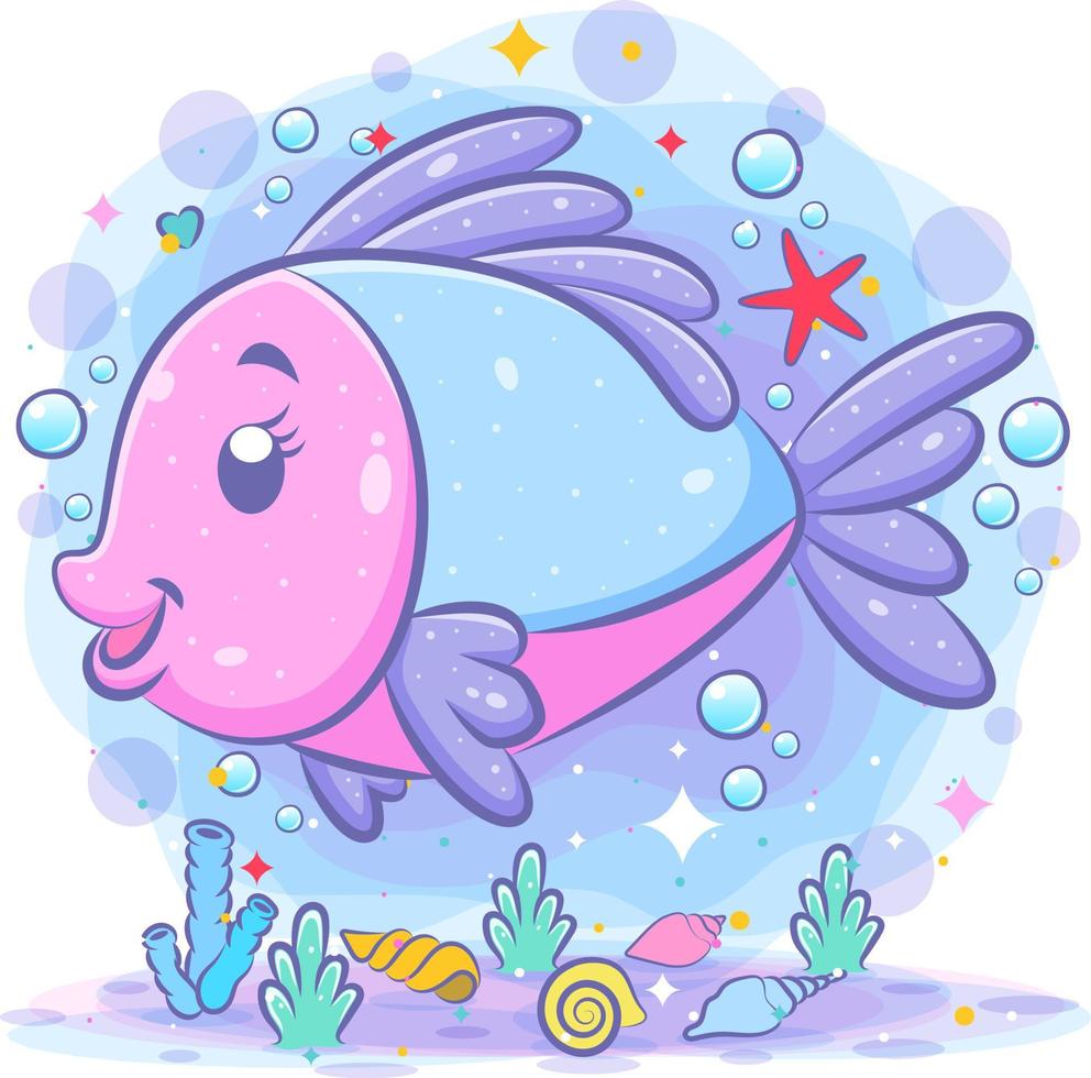 The pink fish cartoon swims in beautiful sea vector