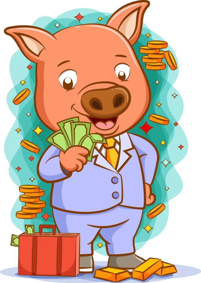 The pig with the coins and gold around him vector