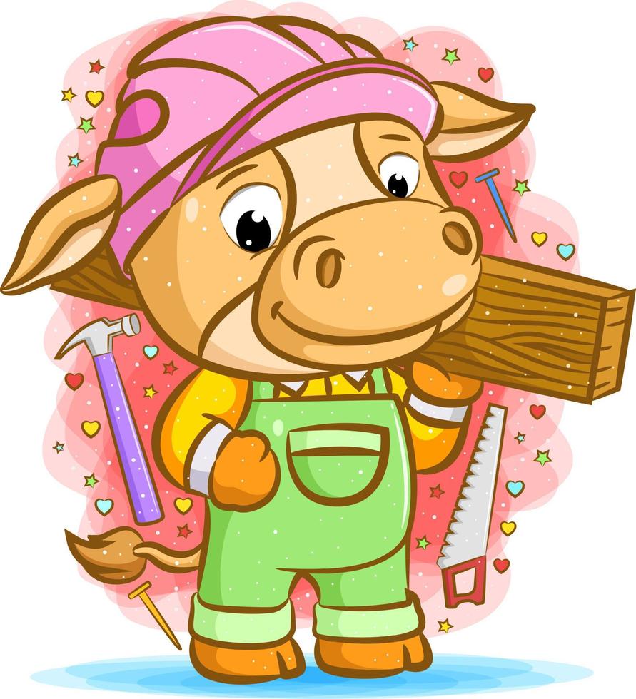 The carpenter cow holding the wood around utensil vector
