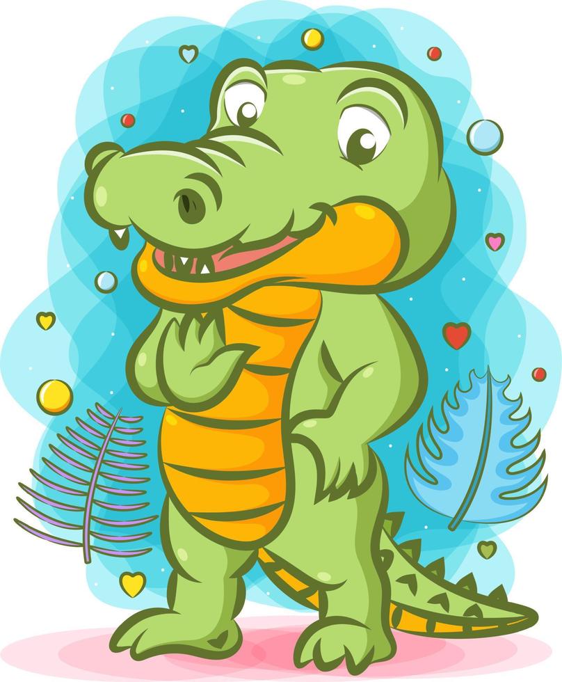 The crocodile standing and smiling with the blue background vector