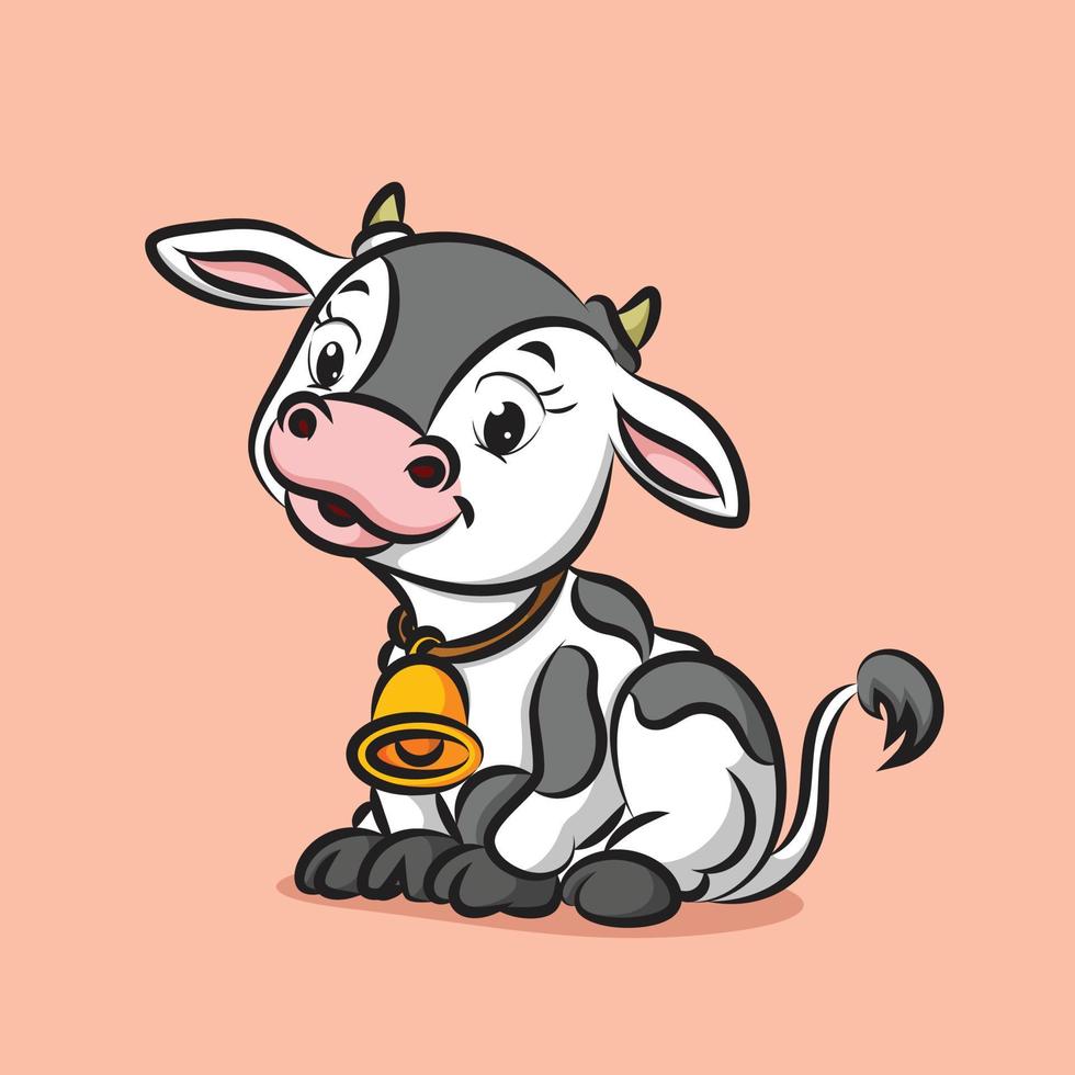 la vaca bebé con la campana en el cuello está sonriendo con la expresión feliz vector