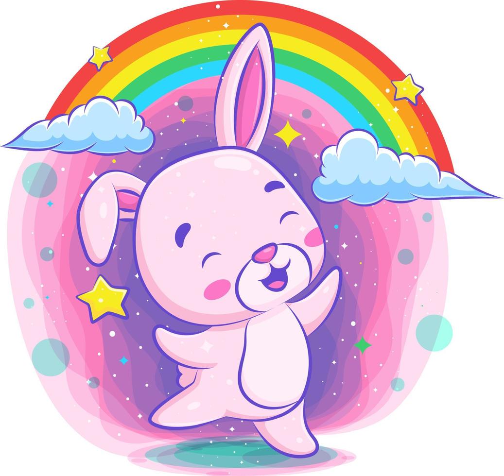 lindo conejo bailando con fondo de arco iris vector