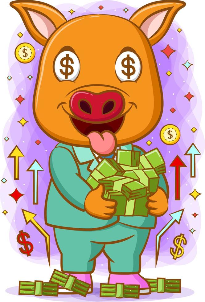 The pig hug a lot of money in his hands with the happy face vector