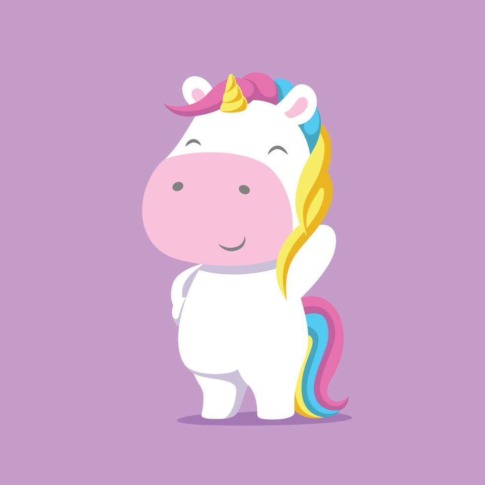 el lindo unicornio con el cuerno dorado y el cabello de color brillante vector