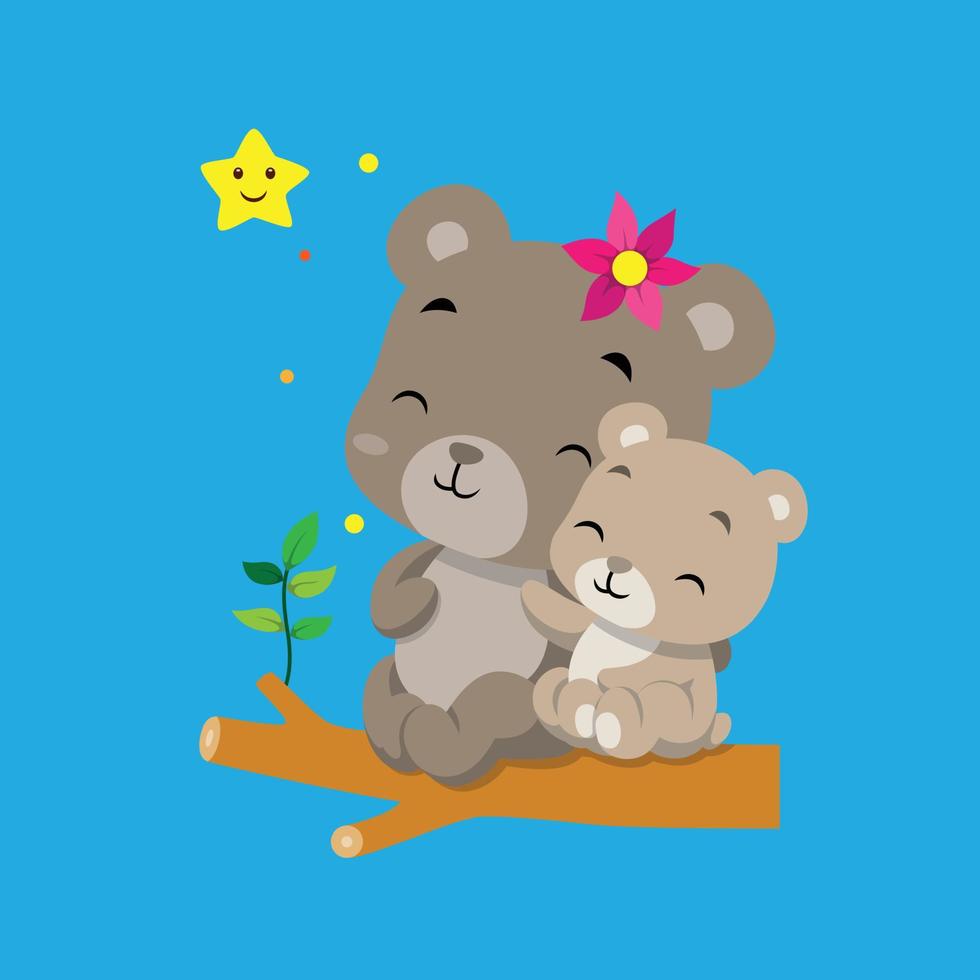 The bear with the baby bear is sitting together on the small branch under the star vector