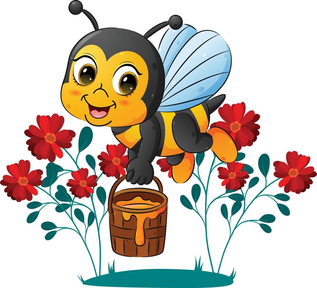The cute bee is holding a pail of honey in the garden vector