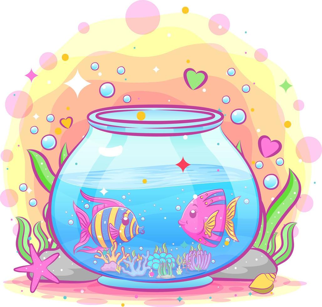 The illustration of aquarium has a moon fish idol inside vector